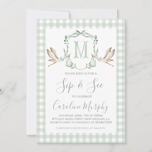 Sage Green Stork Sip & See Preppy Gingham Invitation (Front)