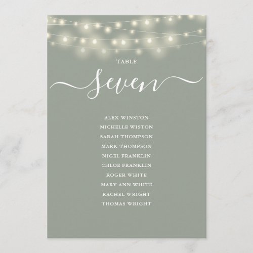 Sage Green String Light Table Number Seating Chart