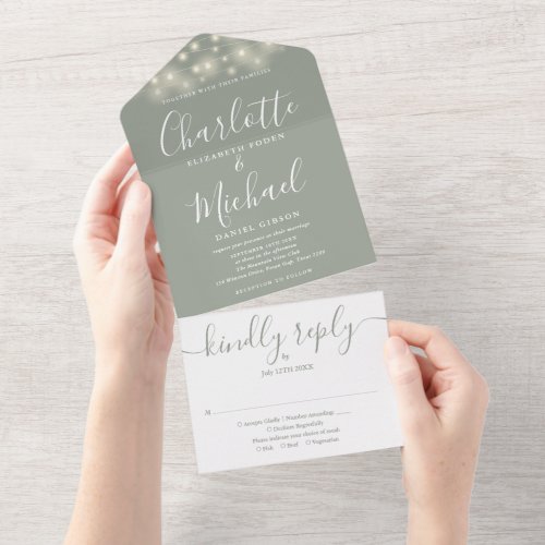 Sage Green String Lights Elegant Script Wedding All In One Invitation