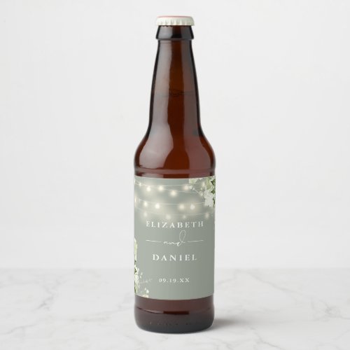 Sage Green String Lights Floral Greenery Wedding Beer Bottle Label