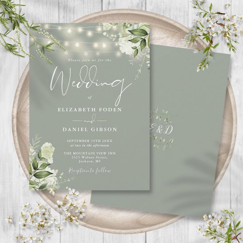 Sage Green String Lights Floral Monogram Wedding Invitation