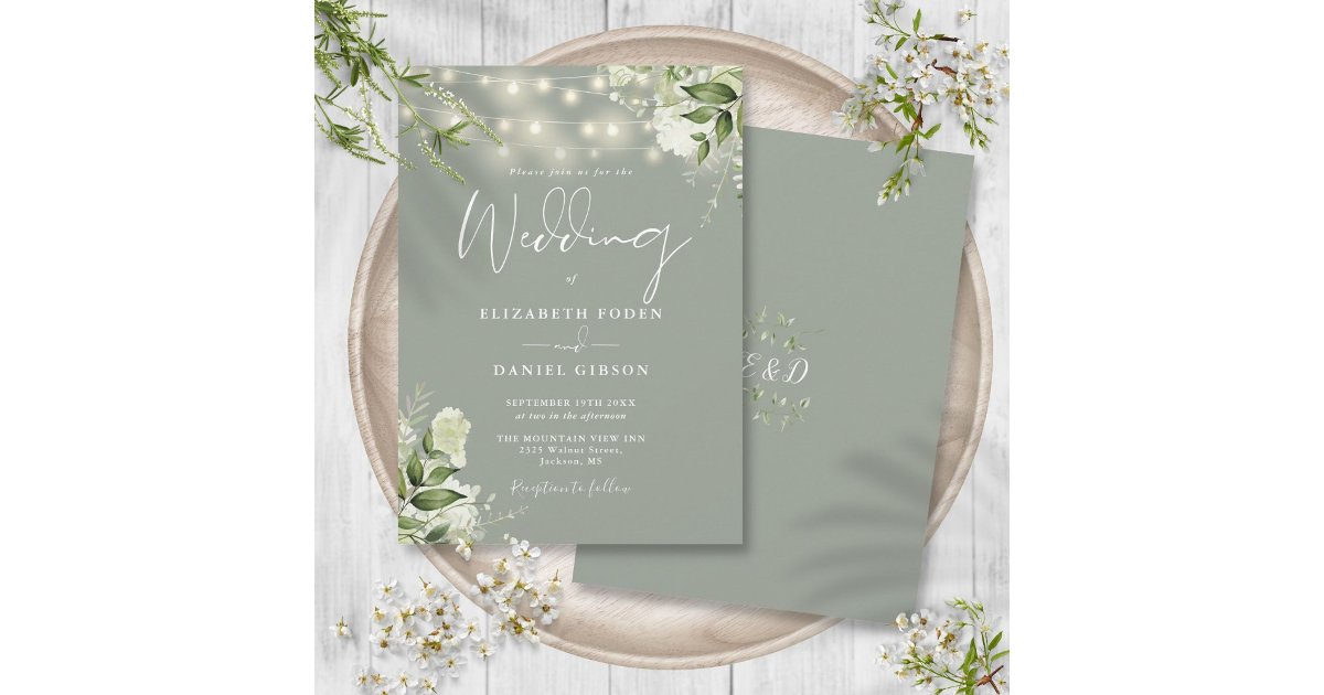 Sage Green String Lights Floral Monogram Wedding Invitation | Zazzle