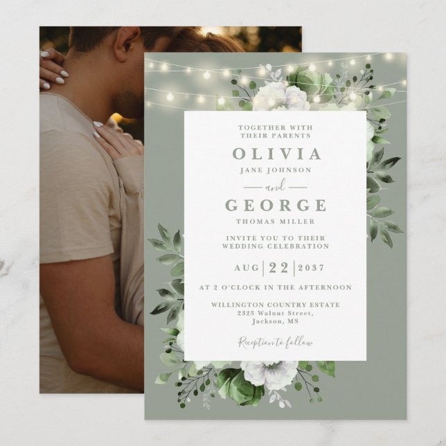 Sage Green String Lights Floral Photo Wedding Invitation (Front/Back)