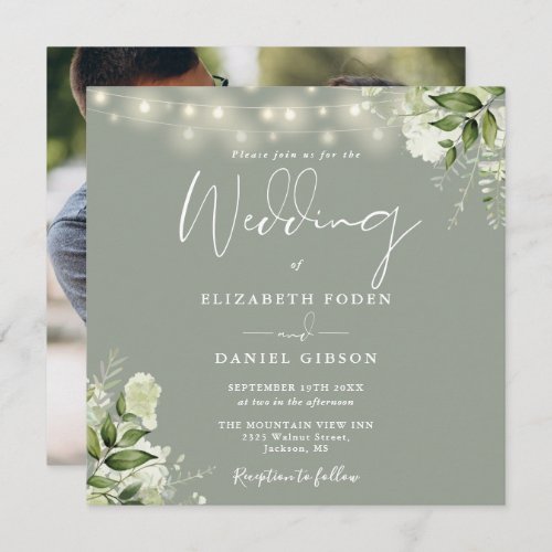 Sage Green String Lights Floral Photo Wedding Invitation