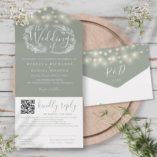 Sage Green String Lights Floral QR Code Wedding All In One Invitation