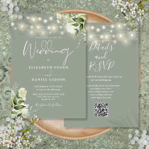Sage Green String Lights Floral QR Code Wedding Invitation