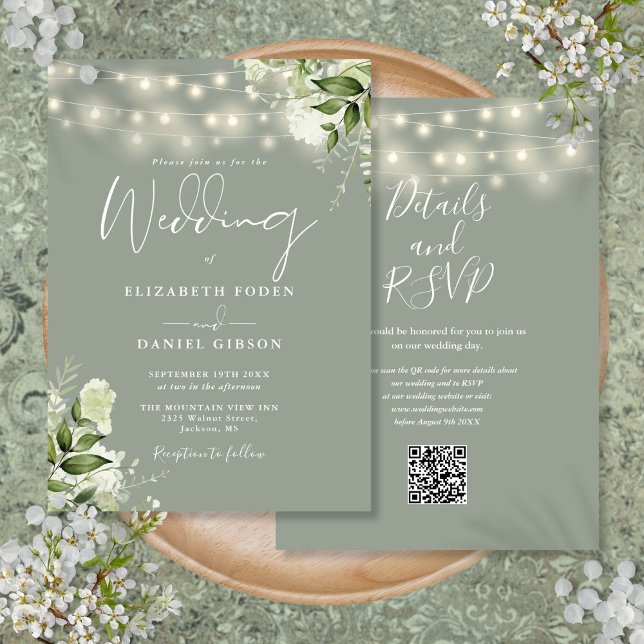 Sage Green String Lights Floral QR Code Wedding Invitation (Sage Green String Lights Floral QR Code Wedding Invitation)