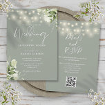 Sage Green String Lights Floral QR Code Wedding Invitation<br><div class="desc">This elegant sage green wedding invitation,  featuring pretty string lights and floral greenery,  can be personalized with your information in chic typography with your wedding website details and your QR code on the reverse. Designed by Thisisnotme©</div>