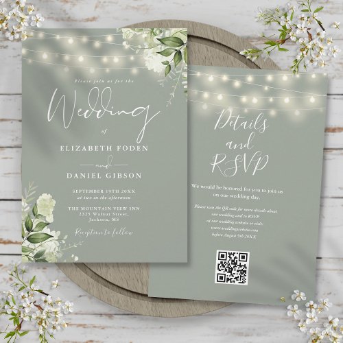 Sage Green String Lights Floral QR Code Wedding Invitation