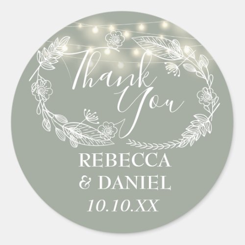 Sage Green String Lights Floral Thank You Classic Round Sticker