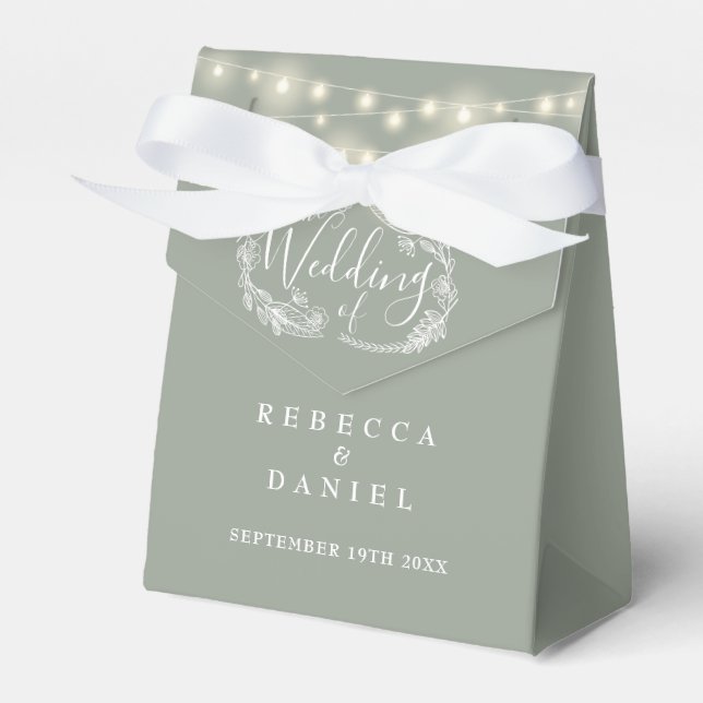 Sage Green String Lights Floral Wedding Favor Boxes (Front Side)