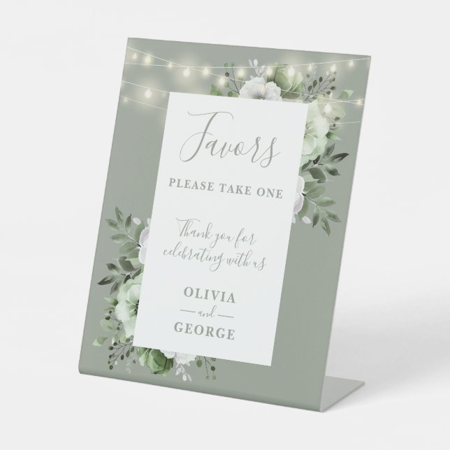 Sage Green String Lights Floral Wedding Favors Pedestal Sign (Front)