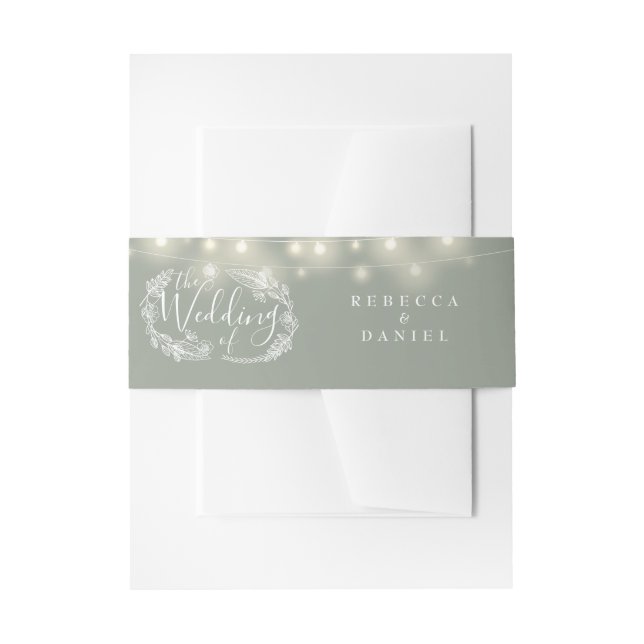 Sage Green String Lights Floral Wedding Invitation Belly Band (Front Example)
