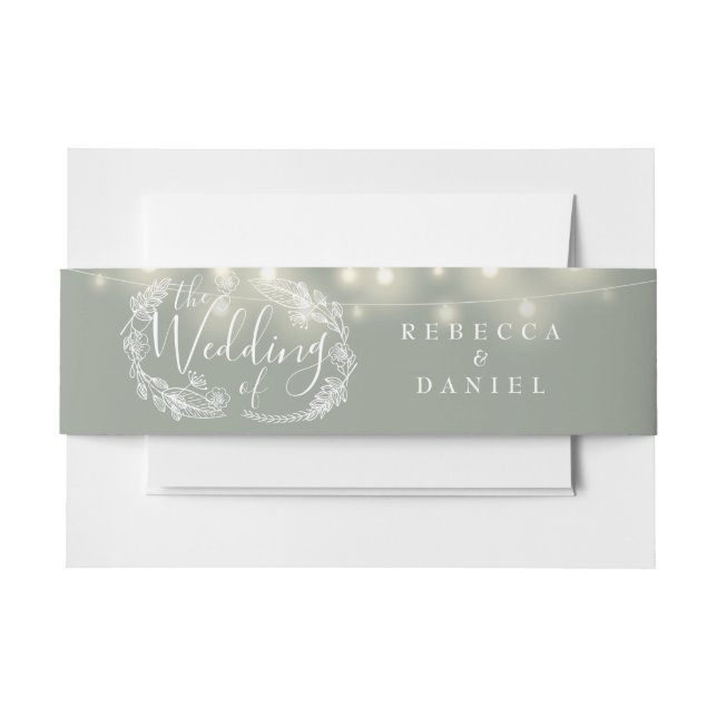 Sage Green String Lights Floral Wedding Invitation Belly Band (Front Example)