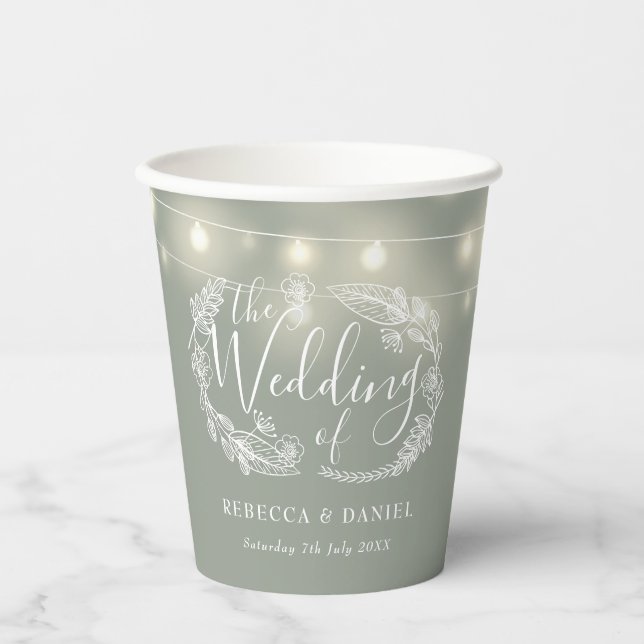 Sage Green String Lights Floral Wedding Paper Cups (Front)