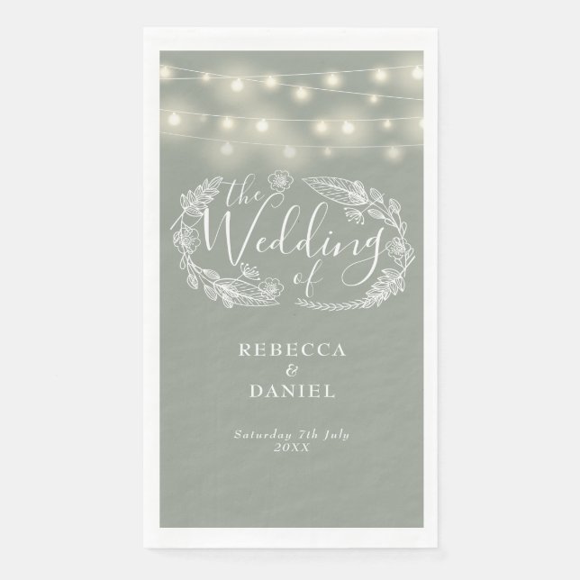 Sage Green String Lights Floral Wedding Paper Guest Towels (Front)