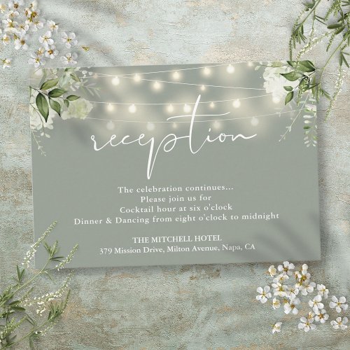 Sage Green String Lights Floral Wedding Reception Enclosure Card