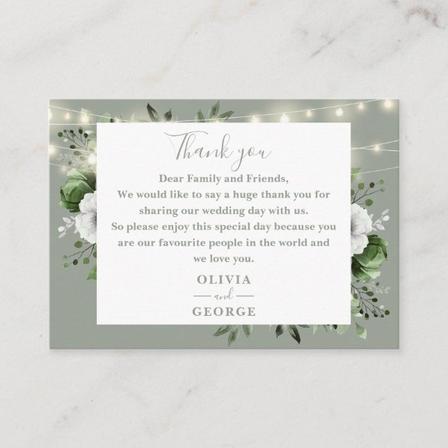 Sage Green String Lights Floral Wedding Thank You Place Card (Front)