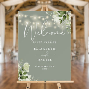 Sage Green String Lights Floral Wedding Welcome  Foam Board