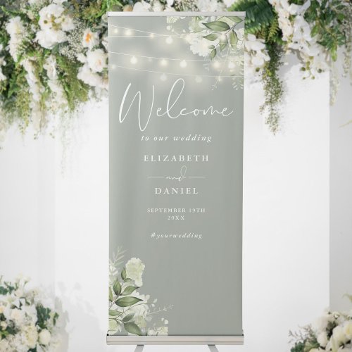 Sage Green String Lights Floral Wedding Welcome Retractable Banner