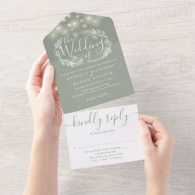Sage Green String Lights Foliage Wedding All In One Invitation (Tearaway)