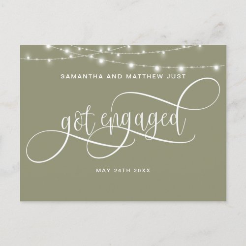 Sage Green String Lights Got Engaged Engagement Announcement Postcard