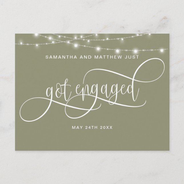 Sage Green, String Lights, Got Engaged, Engagement Announcement Postcard (Front)