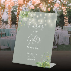 Sage Green String Lights Greenery Cards And Gifts Pedestal Sign