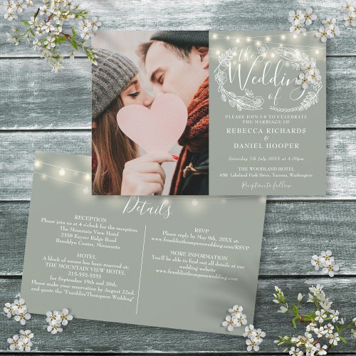 Sage Green String Lights Photo All In One Wedding Invitation
