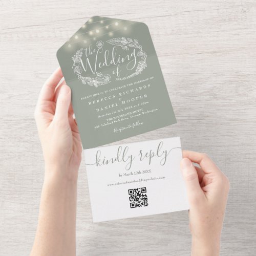 Sage Green String Lights QR Code Wedding All In One Invitation