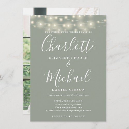 Sage Green String Lights Script Photo Wedding  Invitation