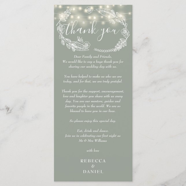 Sage Green String Lights Thank You Place Card (Front)