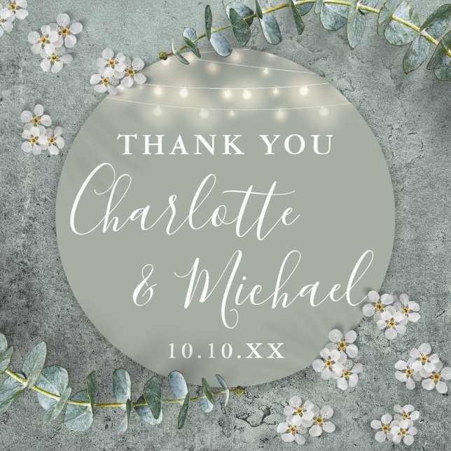 Sage Green String Lights Wedding Favor Thank You  Classic Round Sticker (Sage Green String Lights Wedding Favor Thank You Classic Round Sticker)