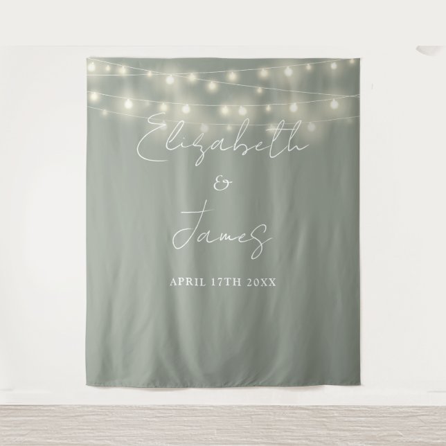 Sage Green String Lights Wedding Photo Backdrop (Front)