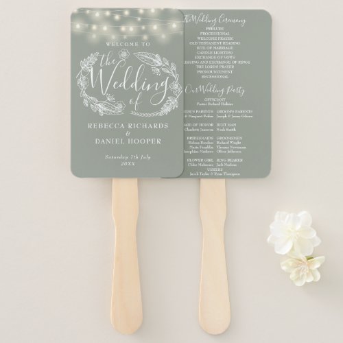 Sage Green String Lights Wedding Program Hand Fan