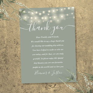 Sage Green String Lights Wedding Thank You Place  Card