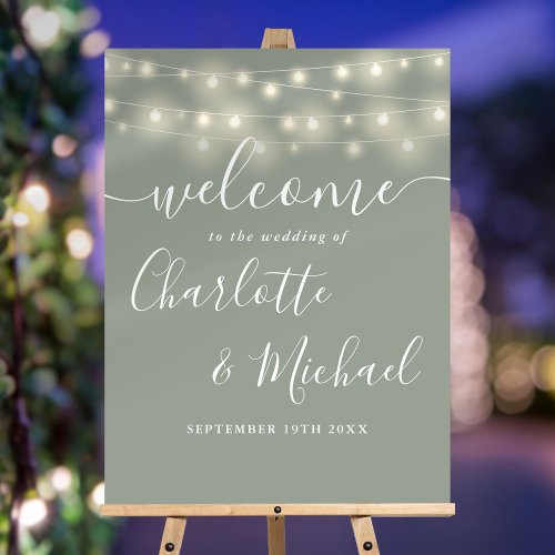 Sage Green String Lights Wedding Welcome Sign