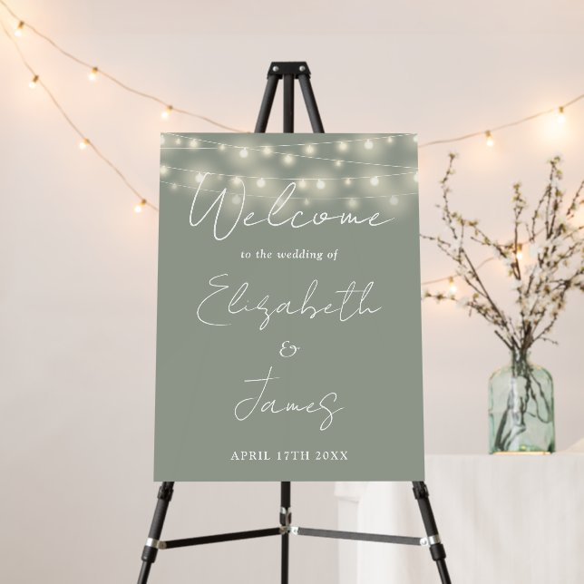 Sage Green String Lights Wedding Welcome Sign (In Situ (Stand))