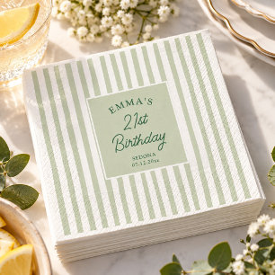 Sage Green Stripe 21st Birthday Coastal Chic Napkins