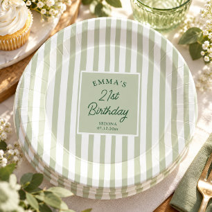 Sage Green Stripe 21st Birthday Coastal Chic Paper Plates