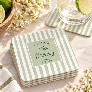 Sage Green Stripe 21st Birthday Coastal Chic Square Paper Coaster