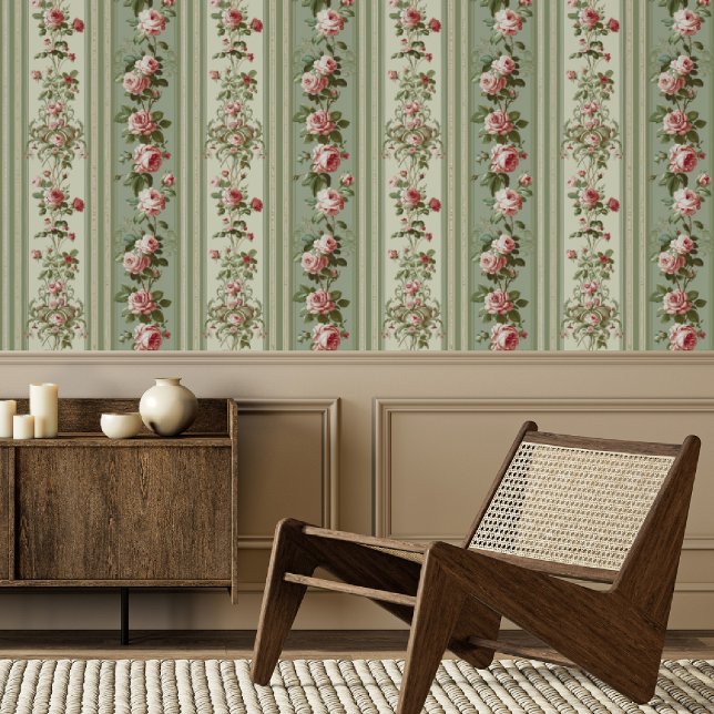 Sage Green Stripe and Pink Rose Floral Wallpaper (Creator Uploaded)