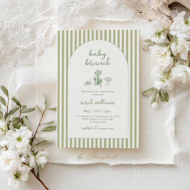 Sage Green Stripe Baby Brunch Baby Shower Invitation (Creator Uploaded)