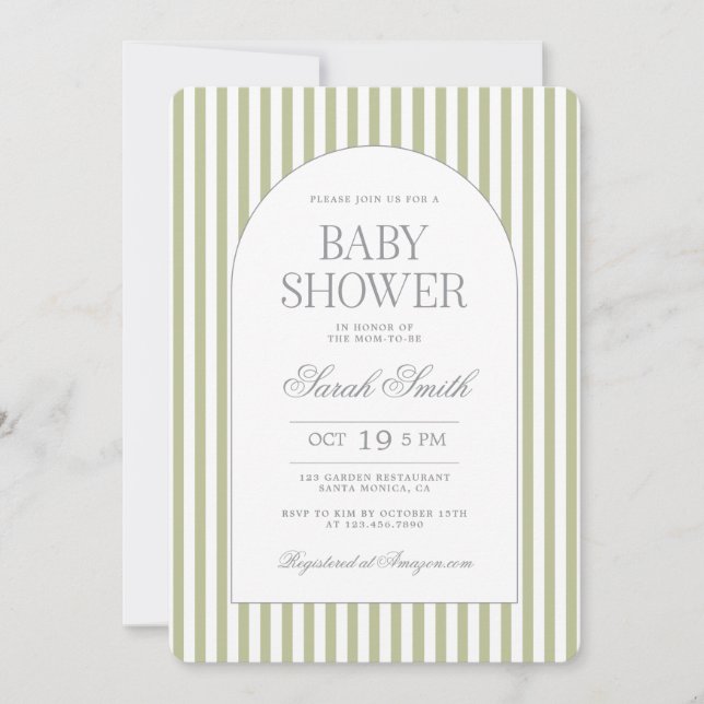 Sage Green Stripe Baby Shower Invitation (Front)