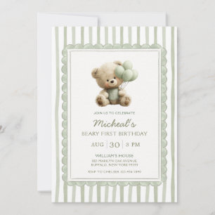 Sage Green Stripe Beary First Birthday Invitation