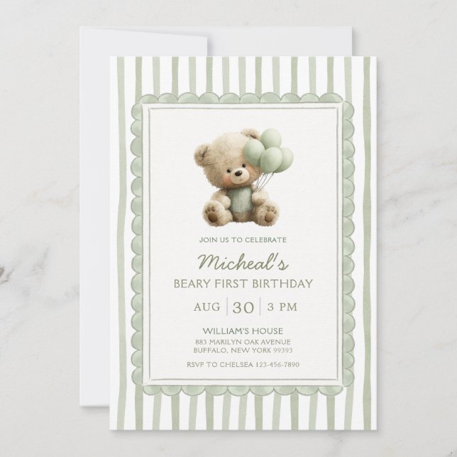 Sage Green Stripe Beary First Birthday  Invitation (Front)