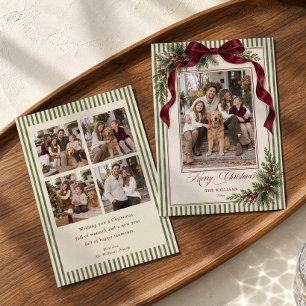 Sage Green Stripe Burgundy Bow Christmas Photo Holiday Card