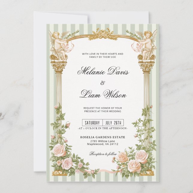 Sage Green Stripe Cherub Floral Arch Wedding Invitation (Front)