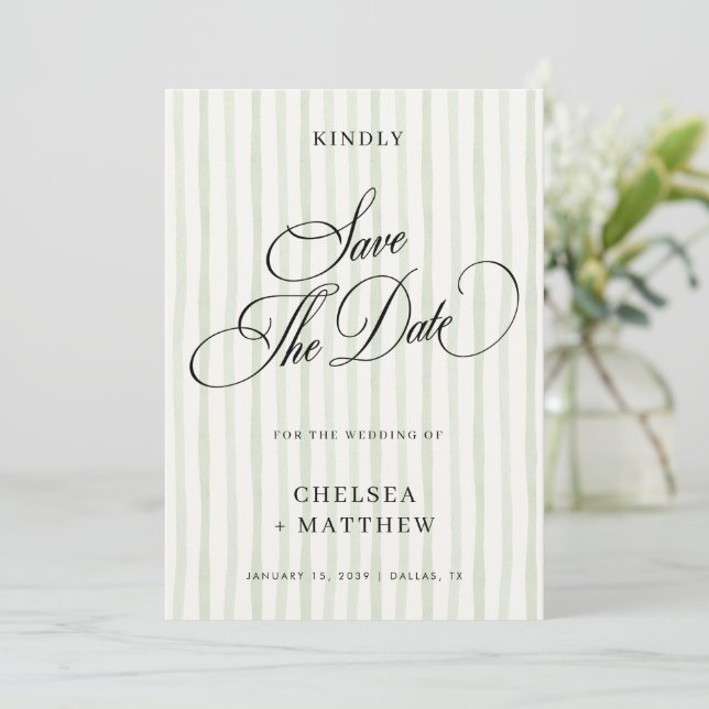 Sage Green Stripe Classic Script & Photo Wedding Save The Date (Standing Front)
