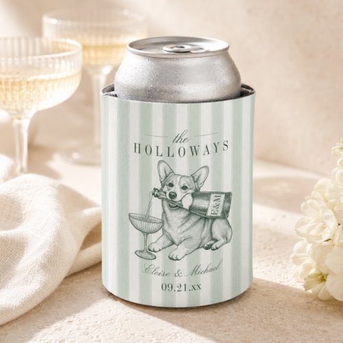 Sage Green Stripe Corgi Champagne Wedding Can Cooler